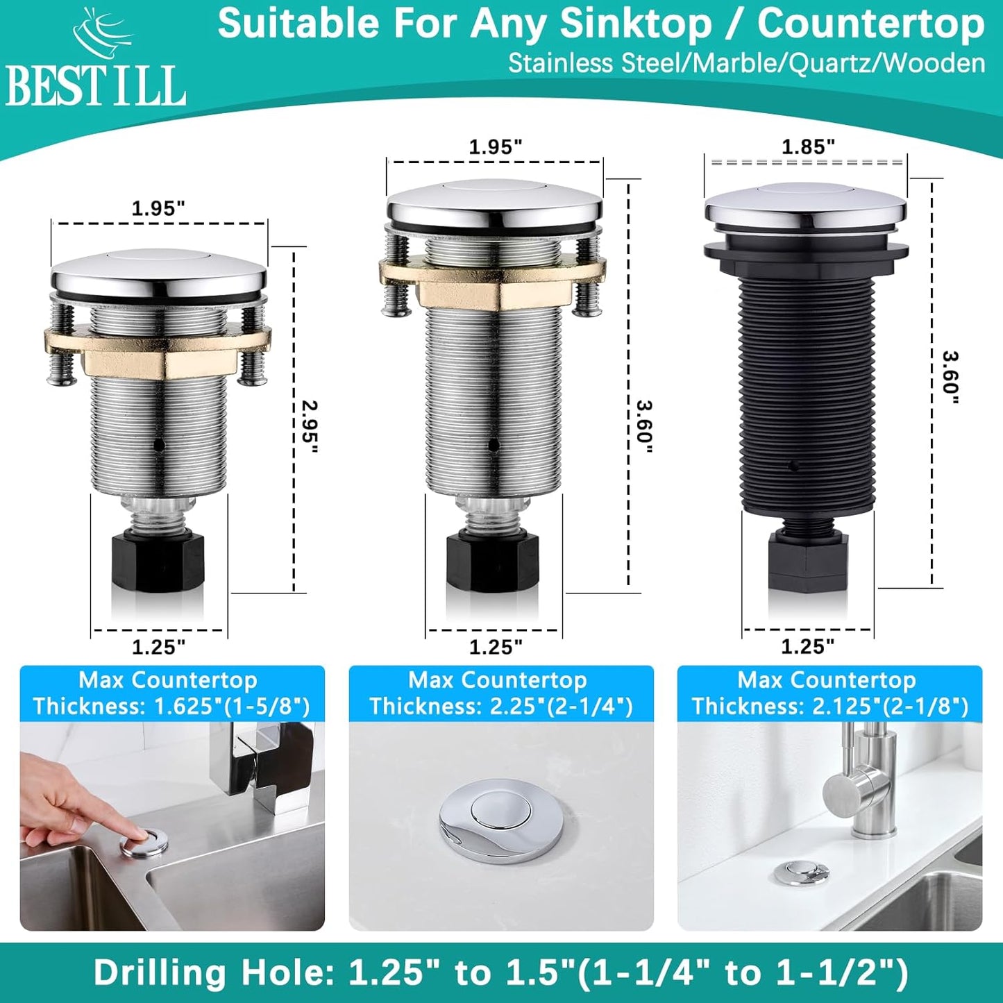 BESTILL Garbage Disposal Air Switch Kit - UL Listed, Brass 3.6" Long Push Button for Waste Disposer, Cordless Sink Top Switch Button, Polished Chrome, Compatible with all Garbage Disposals