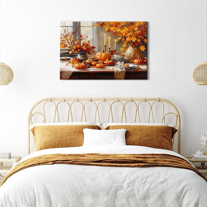 Farmhouse Pumpkin Wall Art Orange Pumpkins Wall Decor Rustic Farm Fall Harvest Pictures Halloween Thanksgiving Autumn Canvas Prints Painting Artwork for Kitchen Dining Room Home Decoration 24x36"