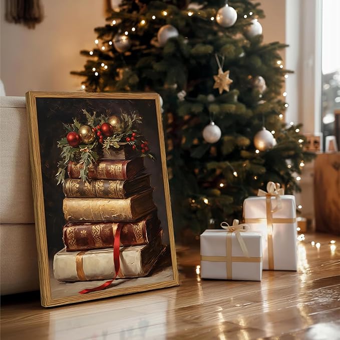 Framed Vintage Christmas Canvas Wall Art, Rustic Xmas Book Artwork Wall Decor Paintings, Retro Winter Holiday Pictures Prints Dark Academia Home Decor for Living Room Bedroom Libiary 12×16 inch