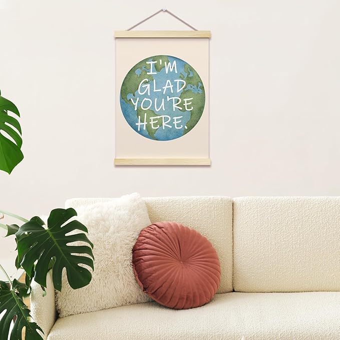 I'm Glad You're Here Posters Earth Theme Hanger Frame for Classroom Inspirational Hanging Poster for Nursery Kids Room Decor Wall Art Decor for Preschool Canvas Wall Art Print 16x12 Inches - YY032