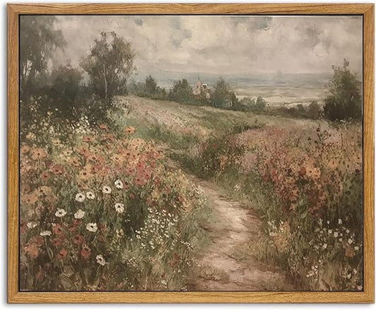 KBKBART Framed Canvas Wall Art for Living Room, Vintage Countryside Wildflower Field Painting Farmhouse Decor, Retro Nature Wilderness Canvas Art Prints for Wall Decor, Rustic Landscape Wall Decor for Bathroom, Bedroom Living Room(8"x10")
