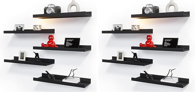RICHER HOUSE 5 Set Floating Wall Mounted Shelves, Black Shelves for Wall Decor, Modern Picture Ledge Shelf with Lip for Storage, Nursery, Bedroom, Living Room, Bathroom - Black (Pack of 2)