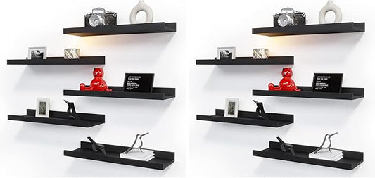 RICHER HOUSE 5 Set Floating Wall Mounted Shelves, Black Shelves for Wall Decor, Modern Picture Ledge Shelf with Lip for Storage, Nursery, Bedroom, Living Room, Bathroom - Black (Pack of 2)