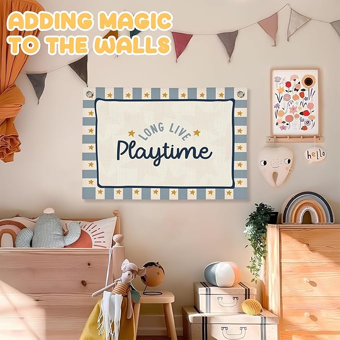 Playroom Wall Decor,Long Live Playtime Linen Canvas Banner,Navy Blue Toddler Playroom Decor Kids Room Nursery with Star Pattern Wall Decor for Toddler Boys Toy Room Bedroom,30x20 Inch