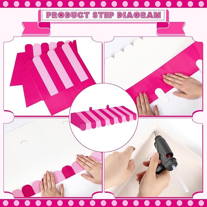 Boao 4 Pack Circus Awning Decoration 3D Stripe Cardboard Awning Carnival Wall Decor Circus Party Favors for Lemonade Stand Bakery Ice Cream Truck Bulletin Board Decor(Rose Pink and Pink)