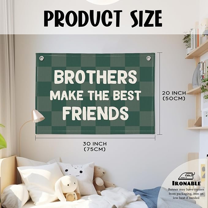 Brothers Make The Best Friends Banner, Boys Room Decor, Toddler Boy Linen Banner Wall Hanging Flag Decor for Nursery 20x30 - Checked Green