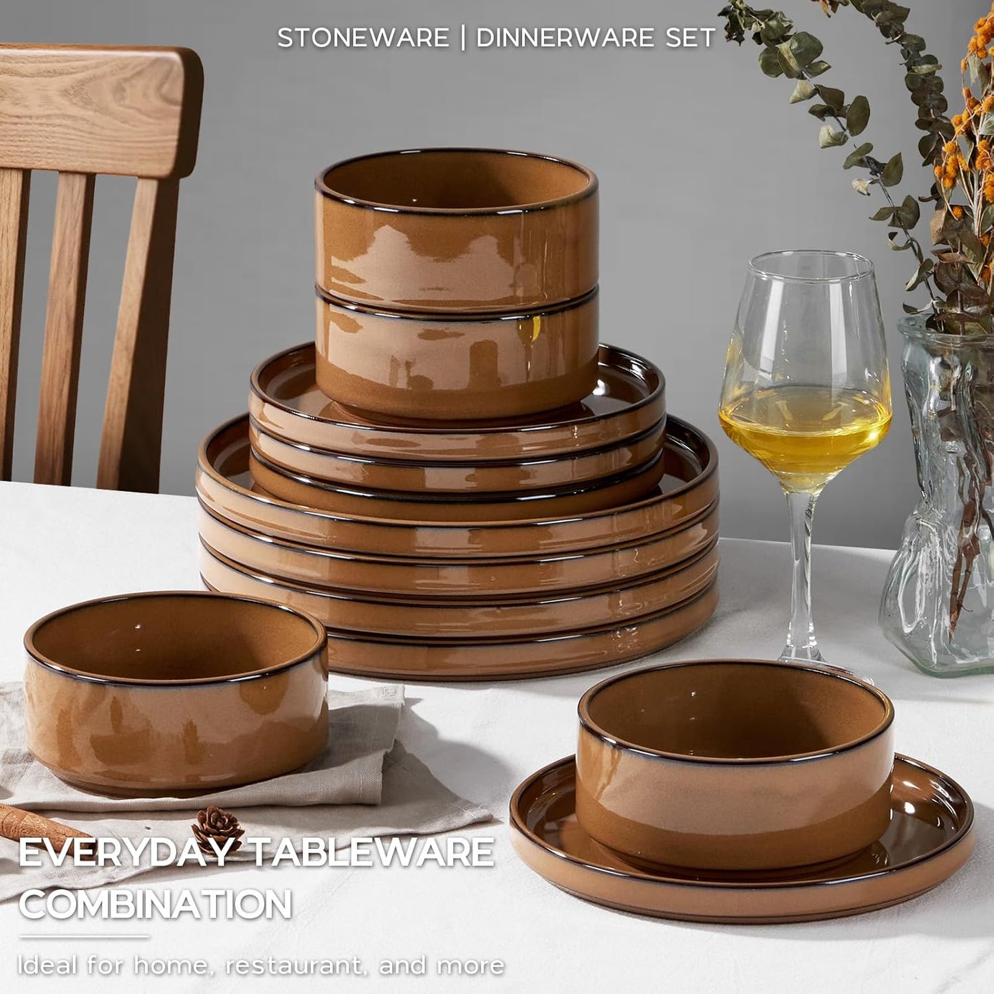 Onader Stoneware Dinnerware Sets for 4, Plates and Bowls with Unglazed Terracotta Bottom, Elegant Kitchen Ceramic Dish Dishware Set, Reactive Glaze 12 Piece - Earthy Umber