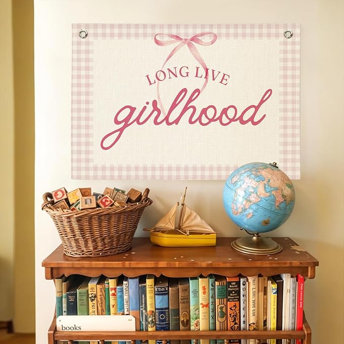 Girl Room Decor - Long Live Girlhood Linen Banner，Bow Nursery Decor for Girl,Swan Decor Wall Hanging for Nursery, Playroom, Kids Bedroom and Aesthetic Room Decor 30x20 Inch