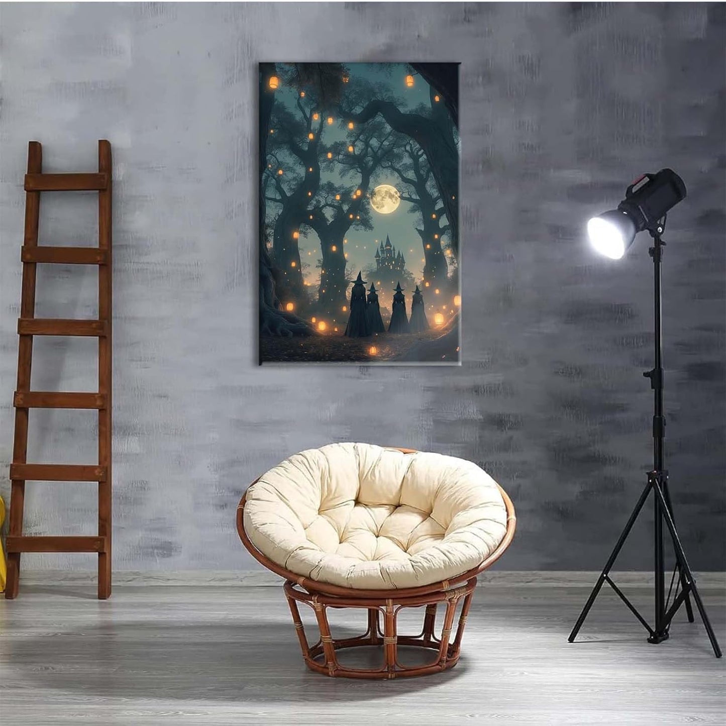JFHCQJPK Mysterious creek painting witch and castle in magic forest art print canvas gothic print dark college decoration poster for home bedroom12x16in Frameless