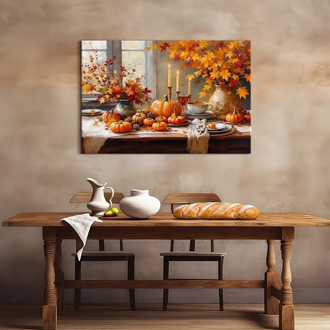 Rustic Pumpkin Wall Art Fall Themed Maple Leaves Wall Decor Farmhouse Autumn Painting Vintage Farm Fall Harvest Canvas Prints Still Life Pictures Artwork for Kitchen Dining Room Home Decoration 32x48"