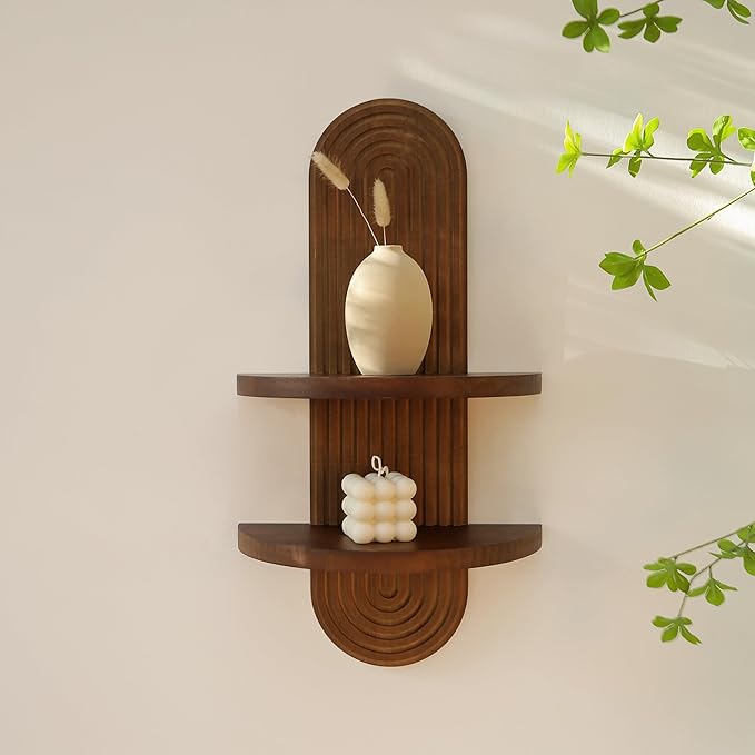 Modern Wall Shelf with Arched Wood Design Mid-Century Double Floating Rainbow Shelves for Indoor Decoration Holding Planter Ornaments, 22 x 11.6 Inch (Walnut)