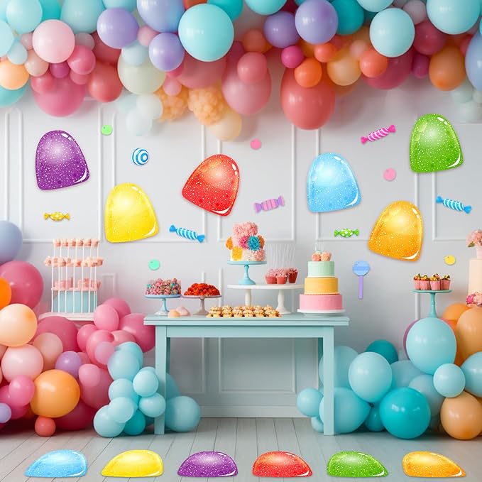 Spakon 30 Pcs Candy Birthday Party Decorations Candy Themed Floor Stickers Colorful PVC Gumdrop Jelly Wall Decals for Christmas Trunk or Treat Party Supplies