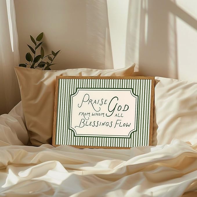 Framed Christian Scripture Wall Art, Bible Verse Pictures Wall Decor, Sage Green Striped Praise God From Whom All Blessings Flow Paintings Canvas Prints Religious Home Decor for Living Room 12x16 inch