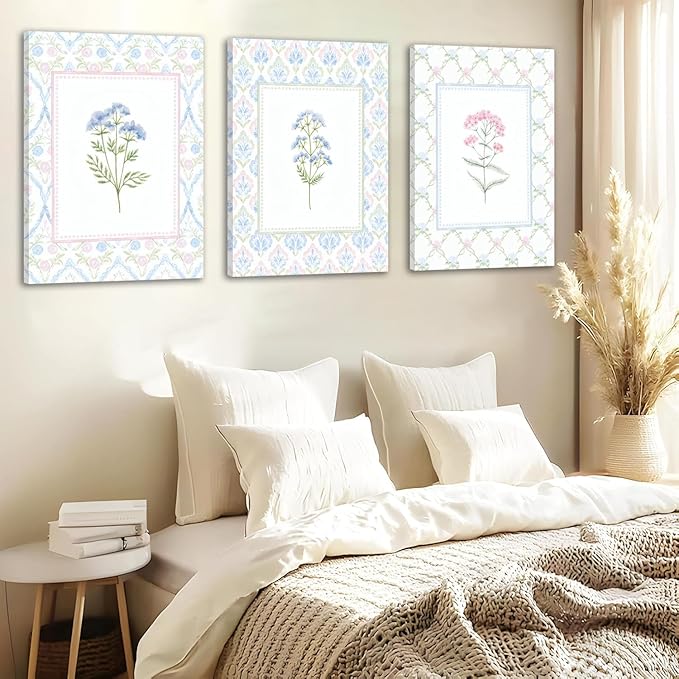 Wildflower Nursery Wall Art Decor Baby Girl Room Canvas Prints Pastel Floral Wall Art Botanical Flower Pictures Pink Blue Wildflower Painting Artwork for Baby Nursery, Kids Room, or Girls Bedroom, Boho Nursery Wall Decor16x24 Inch Framed