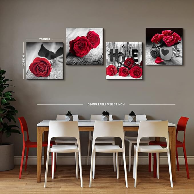 Red Rose Posters for Living Room Red and Black Wall Art Flower Painting Bedroom Wall Decor Romantic Floral Canvas Painting Bathroom Pictures Modern Kitchen Accessories Home Decoration 20x20" 4 Pcs/Set