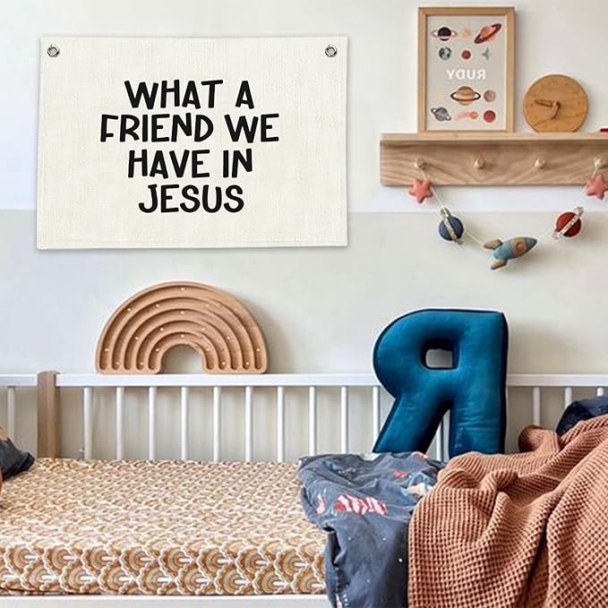 RTXLEZM Kids Room Decor- What a Friend We Have in Jesus Christian Canvas Banner Wall Hanging, Minimalist Bible Verse Wall Art Prints for Classroom, Nursery, Kids Room，20x30 Inch