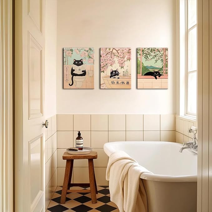 Japanese Bathroom Wall Art Set of 3, Cute Black Cat Bathtub Wall Decor, Funny Animal Reading Newspaper Canvas Prints for Bathroom Bedroom Laundry Room 12x16 inch Framed