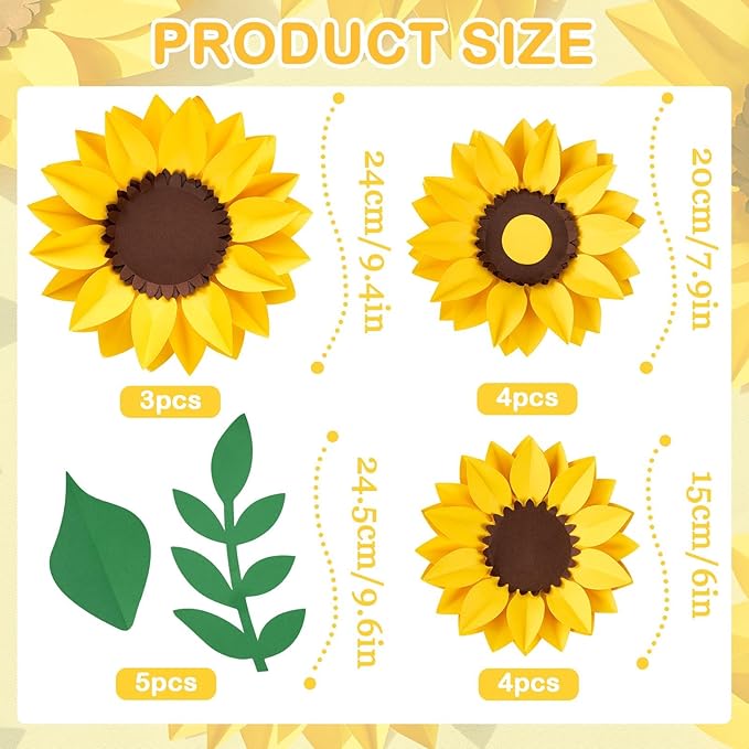SUNBEAUTY Sunflower Paper Flower Decorations for Wall Giant Artificial Sunflowers Classroom Decor Bulletin Board Decoration Large 3D Paper Flowers Hanging for Wedding Baby Shower Tea Party