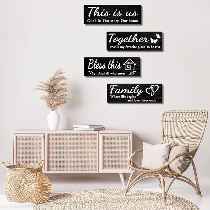 4 PCS Home Wall Decor Signs, Rustic Wooden Living Room Hanging Decorations with Quotes THIS IS US/TOGETHER/BLESS THIS/FAMILY, Housewarming Gifts for Wedding Kitchen