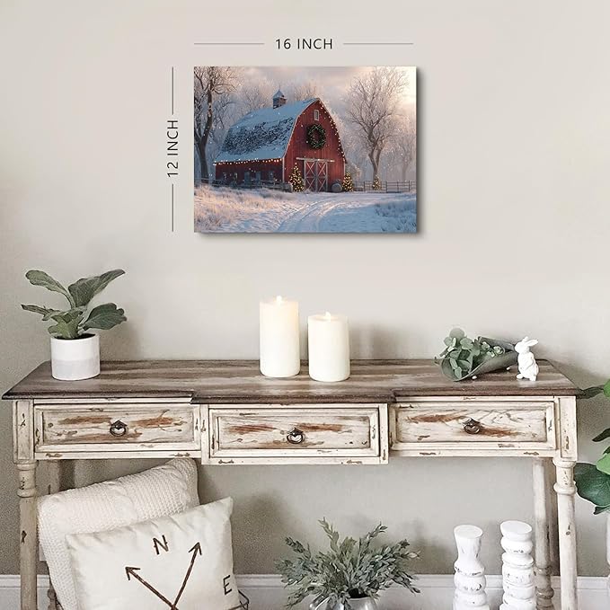 Christmas Farmhouse Canvas Wall Art Red Barn Pictures Wall Decor Christmas Tree Poster Vintage Snowy Country Prints Artwork Winter Snow Scenic Painting for Living Room Bedroom Home Decorations 12x16"