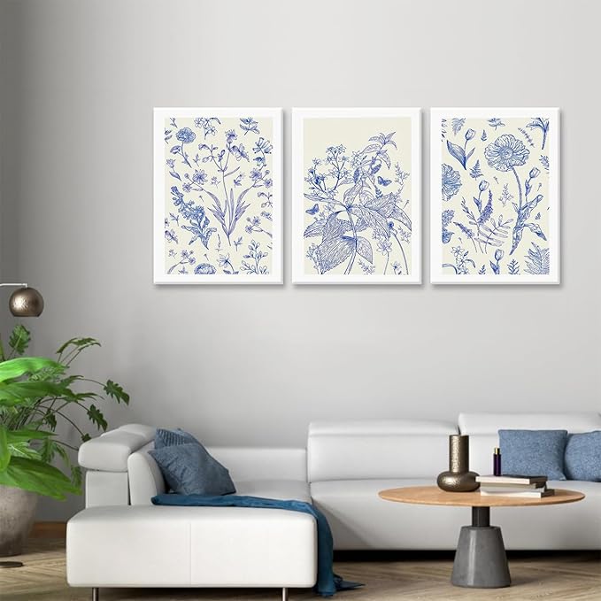 LYPHNX Framed Blue White Chinoiserie Floral Canvas Wall Art Navy Watercolor Flower Painting Posters Set of 3 Minimalist Botanical Wildflower Prints Picture Home Decor for Bedroom Living room 16"x24"