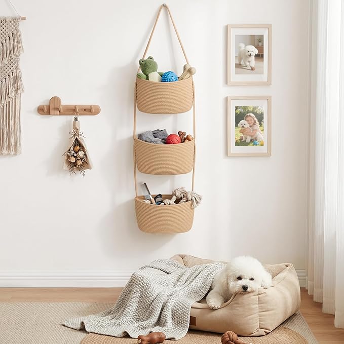 Goodpick 3-Tier Hanging Basket Over the Door, Cotton Rope Wall basket, Hanging Nursery Decor for Organizing, Jute