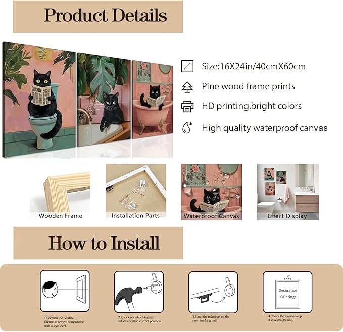 Funny Pink Bathroom Cat Wall Art Painting Set of 3 Maximalist Cute Black Cat Bathroom Wall Decor, Eclectic Animal Restroom Poster Canvas Prints Pictures 16x24 inch Framed
