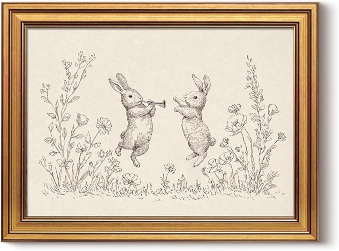InSimSea Gold Framed Canvas Prints Wall Art, Vintage Nursery Decor, Rabbits Flowers Easter Animal Line Paintings Wall Decor Aesthetic, Neutral Pictures for Bedroom Living Room Shelf, 12x16inch