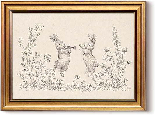 InSimSea Gold Framed Canvas Prints Wall Art, Vintage Nursery Decor, Rabbits Flowers Easter Animal Line Paintings Wall Decor Aesthetic, Neutral Pictures for Bedroom Living Room Shelf, 12x16inch