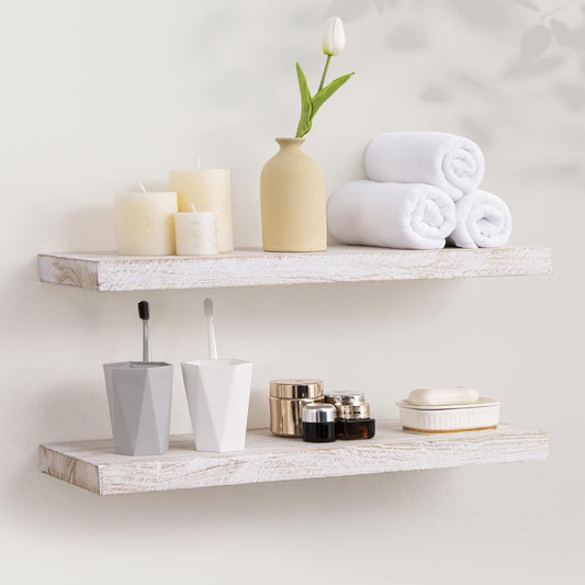 Axeman Floating Shelves for Wall, 24''W x 8''D Rustic Solid Elm Wood Wall Shelves for Storage, Wall Mounted Display Shelving with Invisible Heavy-Duty Metal Bracket (White Wash, 2PCs)