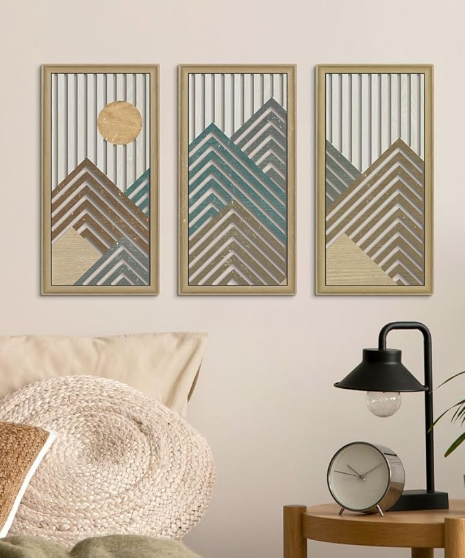 Putuo Decor Mountain Line Wall Art Set of 3, Modern Abstract Nature-Inspired Cut-Out Panels, MDF Wall Decor with Chevron Stripes and Sun Design for Living Room Bedroom Office