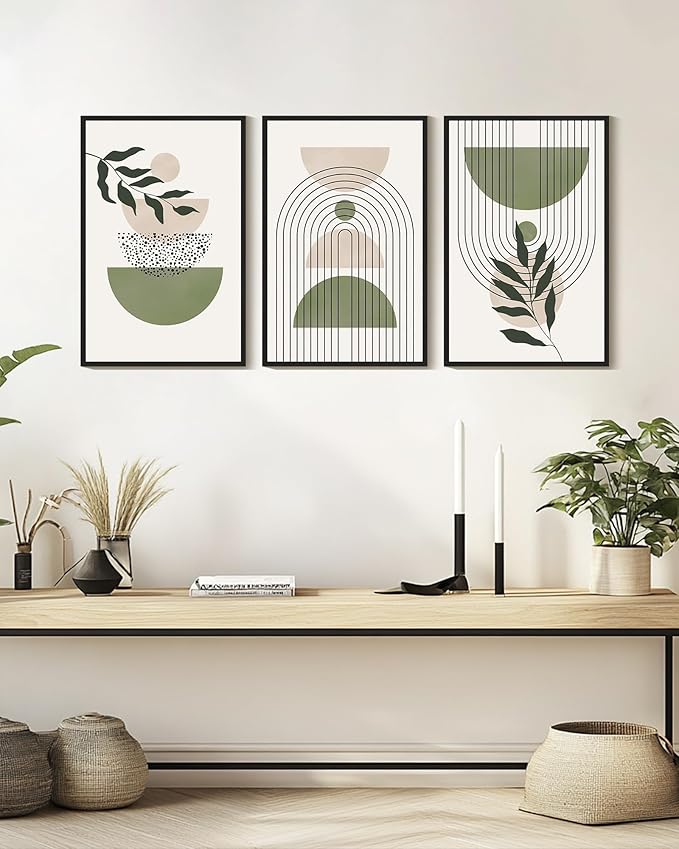 Drsoum Green Botanical Boho Wall Art Framed Modern Sage Bohemian Plant Wall Decor Abstract Geometry Lines Prints Ready to Hang 16x24in Black Framed