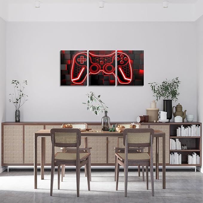 Feelyou Gamer Canvas Art - 3 Piece Red & Black Ombre Wall Decor - 12"x16" Gaming Room Decorations