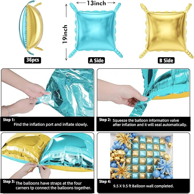 36pcs Blue and Gold Square Foil Balloons Wall Backdrop with 147pcs Balloon Garland Arch Kit, Double Sided Balloons for Graduation Birthday Anniversary Wedding Baby Shower Prom Party Decorations