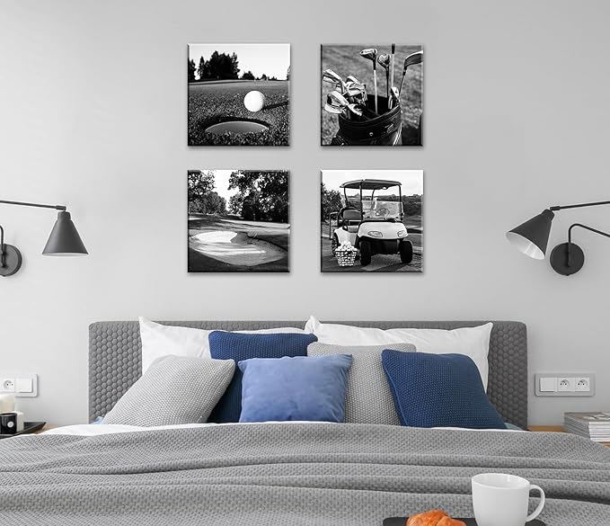 DJSYLIFE Golf Decor Golf Course Wall Art - Sport Poster Black and White Canvas Prints Picture for Modern Home Office Men Bedroom Decoration Stretched and Framed Ready to Hang 12"X12"X4