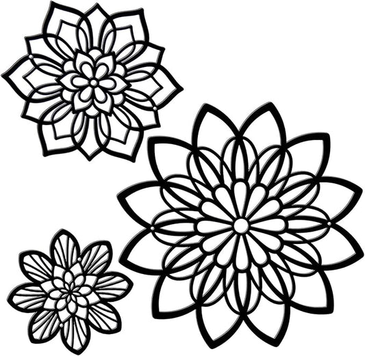 Zzbakress 3 Pieces Metal Flowers Wall Decor, Black Wall Decors, Flower Art Wall Decor Farmhouse Wall Decoration Multiple Flowers Hanging Decor for Bathroom Living Room Garden Office (Black Elegant)