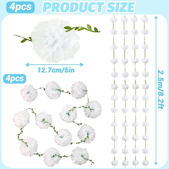White Tissue Paper Pom Pom Garlands, Paper Flowers for Birthday Decorations, Baby Shower, Wedding Engagement, Bridal Shower, Spring Summer Party Decorations, 4 Pcs