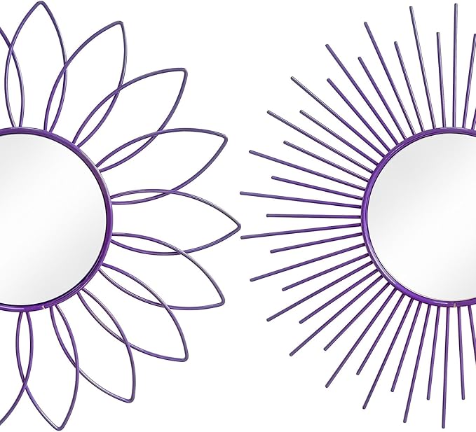3 Pack Metal Mirrors for Wall Sunburst Wall Mirrors Home Décor Decorative Hanging Wall Art for Living Room Bedroom Entryway (Purple, Flower+Sunburst)