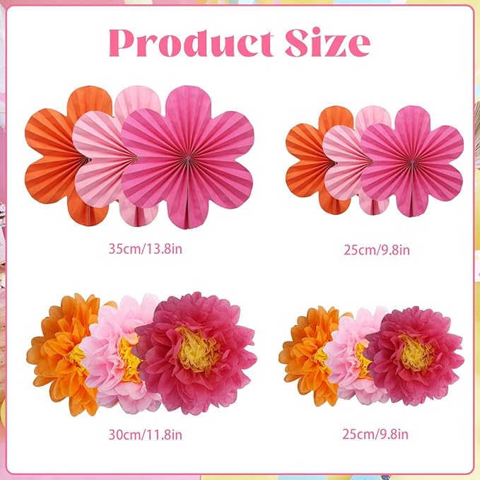 BestoFun 12PCS Paper Flowers Fans Orange and Hot Pink Party Decorations Tissue Paper Flowers Decorations for Girl Groovy Birthday Baby Shower Wedding Bachelorette Room Wall Hanging Décor
