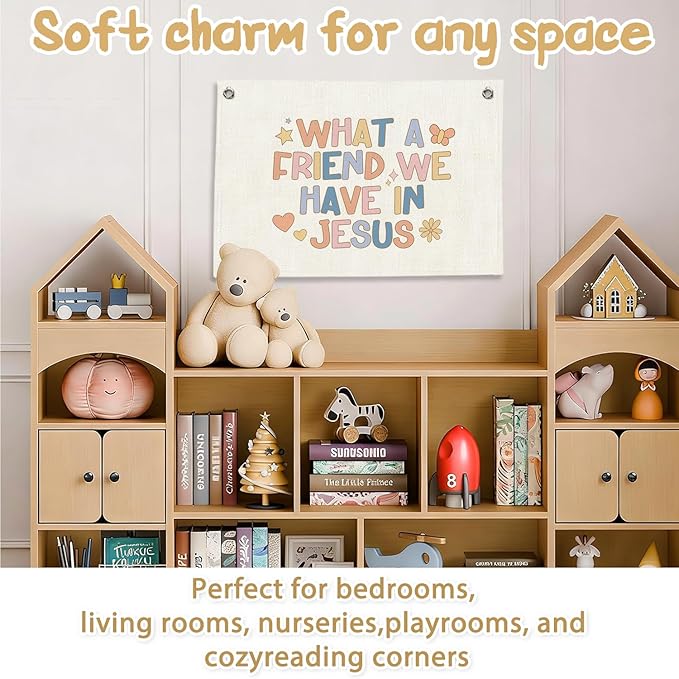RTXLEZM Kids Room Decor, What a Friend We Have Jesus Pastel Bible Verses Canvas Banner Wall Hanging,Religious Wall Banner Decor for Kids Boys Girls Bedroom Room Playroom, 20x30 Inch