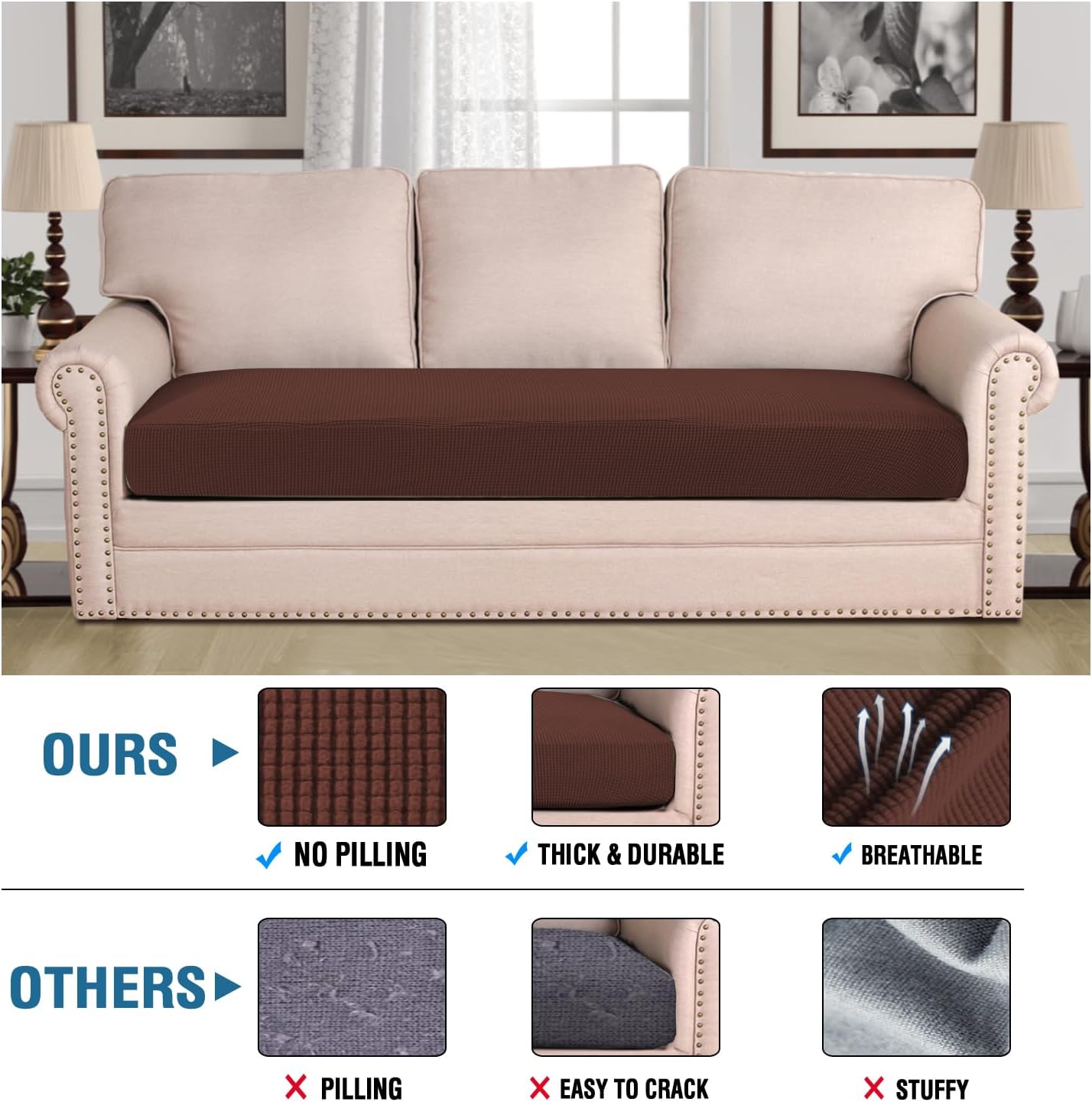 H.VERSAILTEX Super Stretch Individual Seat Cushion Covers Sofa Covers Couch Cushion Covers Slipcover Sets Thick Jacquard Textured Twill Fabric (1 Piece Sofa Cushion Cover, Burnt Brick)