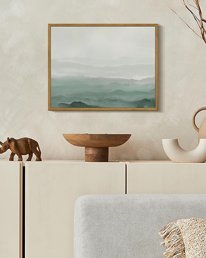 SHENIFY Vintage Landscape Framed Wall Art Foggy Mountain Farmhouse Decor Retro Wilderness Illustrations Decorative for Kitchen Living Room Bedroom Bathroom - 11x14in Natural Framed