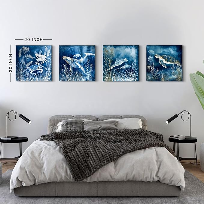 Sea Turtle Wall Art Ocean Wall Decor Navy Blue Coastal Living Room Sea Life Animals Canvas Pictures Whale Turtle Crab Posters Nautical Posters Artwork for Living Room Beach Home Decorations 20x20”