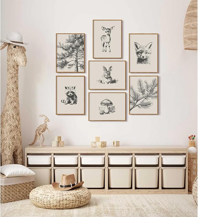 Nursery Wall Art Woodland Animal Canvas Wall Decor Baby Room Pictures Forest Animal Prints Kids Wall Art Pine Tree Poster Nature Vintage Artwork Deer Fox Painting for Bedroom 8x10x7 Inch Unframed