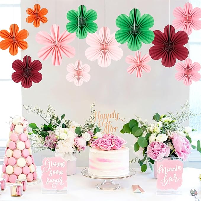 BestoFun 12 PCS Paper Flowers Fans Red Green and Pink Party Decorations Paper Flowers Decorations for Wall Girl Groovy Birthday Baby Shower Wedding Bachelorette Room Hanging Décor