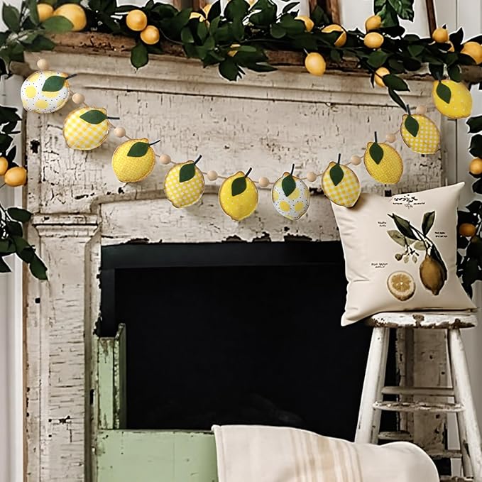 Lemon Felt Banner Garland Decor Vintage 3D Fruit Hanging Garland with Wooden Beads for Back to School Birthday Party Baby Shower DIY Home Wall Fireplace Decor