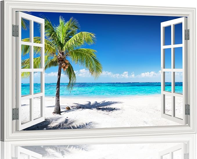 Ocean Wall Art Beach Picture for Living Room White Window Frame Style Palm Tree Art Print on Canvas Large Blue Sea View Painting Artwork for Bedroom Home Office Decoration, Ready to Hang(32"×48")