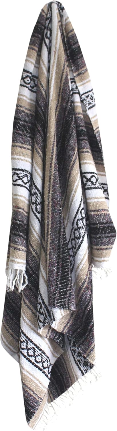 Del Mex Classic Mexican Blanket, Large Authentic Woven Falsa Throw (70"x50"), Artisan Southwest Décor for Beach, Yoga, Outdoors (Tan)