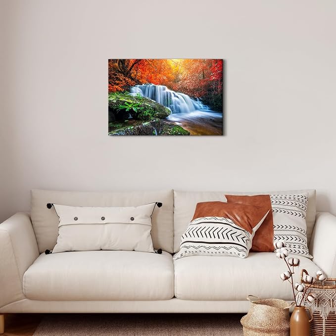 Nature Waterfall Wall Art Mountain Pictures Wall Decor Red Forest Trees Pictures Autumn Stream River Canvas Prints National Park Posters Natural Artwork for Bathroom Living Room Home Decoration 16x24"