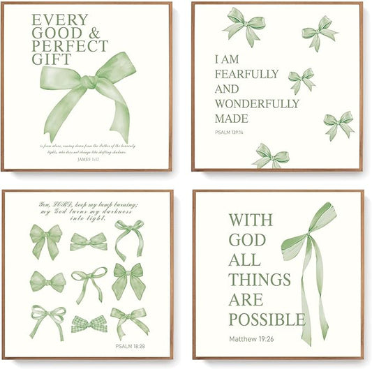 LARTSFRO Coquette Sage Green Bow Wall Art Decor Posters, Sage Green Bow Room Bedroom Bathroom Wall Art Decor Aesthetic for Teen Girls Gifts, Inspirational Bible Verses Bow Wall Decor, 10x10 Inch Set of 4 Bow Pictures Unframed